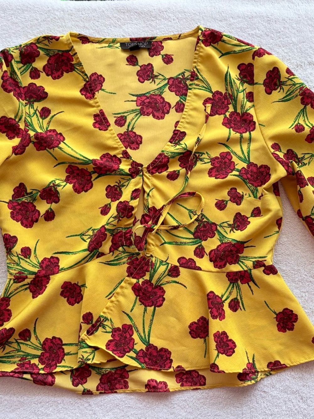 Topshop Yellow Red Floral Peplum Blouse Balloon sleeve Festival Blouse Sz 4 US - Picture 5 of 9